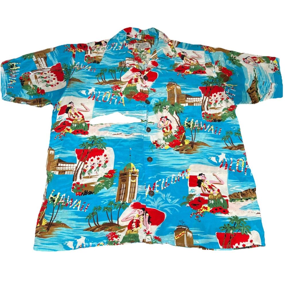 VtG Avanti Hawaiian Silk Shirt Men’s M Blue Aloha Greeting Loop Collar Hula Girl